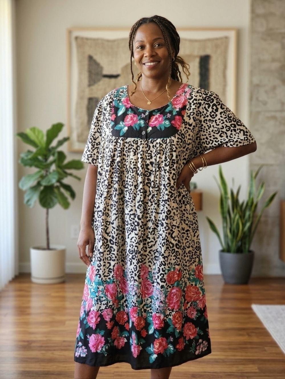 ​Only Necessities 5X Leopard Floral Cotton Patio Dress Caftan NWT 38/40